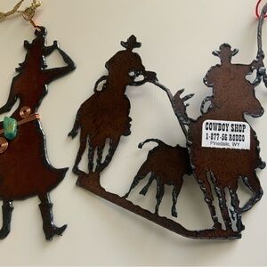Western Metal Cowboys & Cowgirl Ornaments Lot of 2